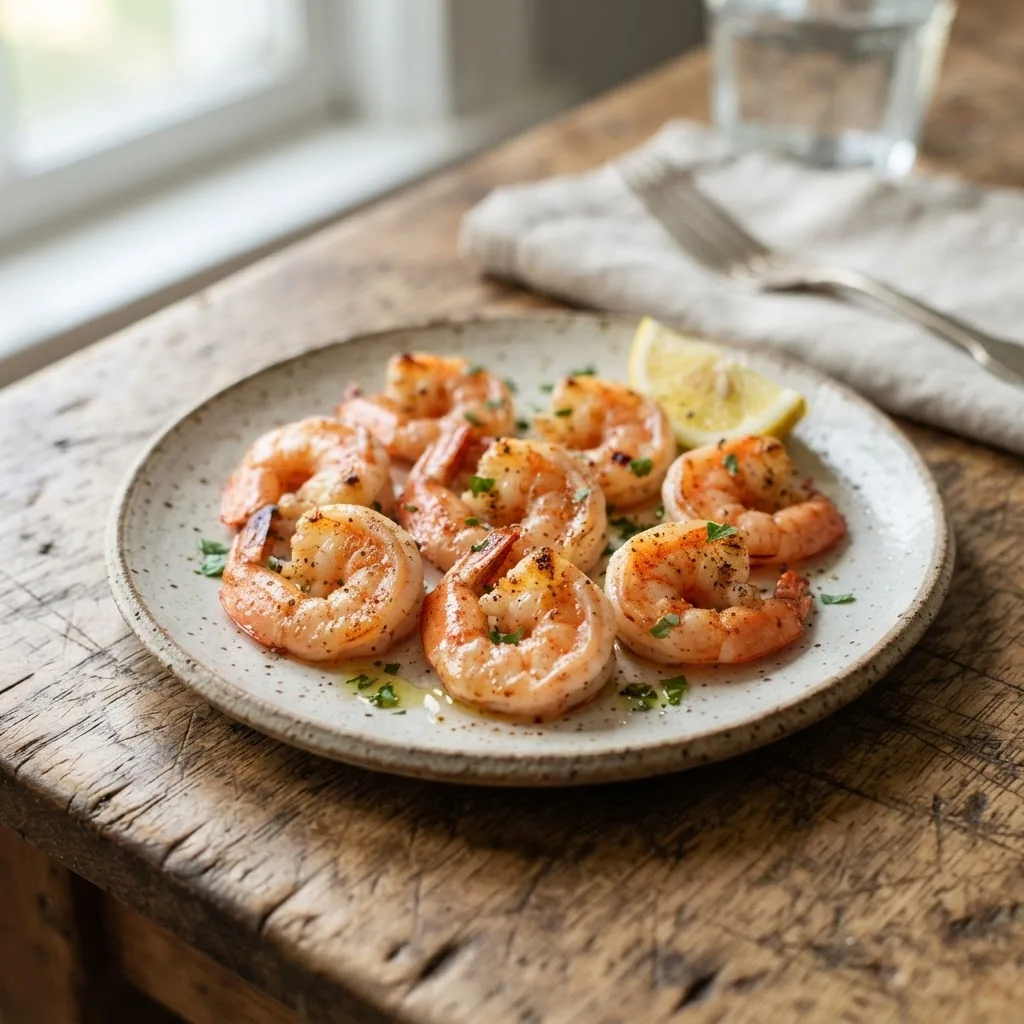 A close-up shot of a plate with a small portion of cooked shrimp, medium-sized, on a rustic wooden table in natural daylight, emphasizing