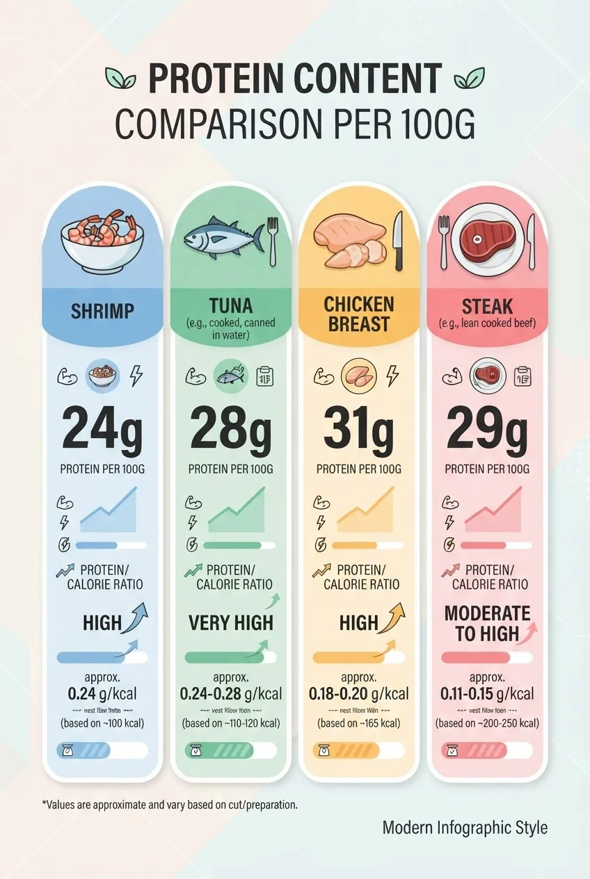 shows a four-column comparison chart of protein content per 100g for shrimp, tuna, chicken breast, and steak, each column featuring a