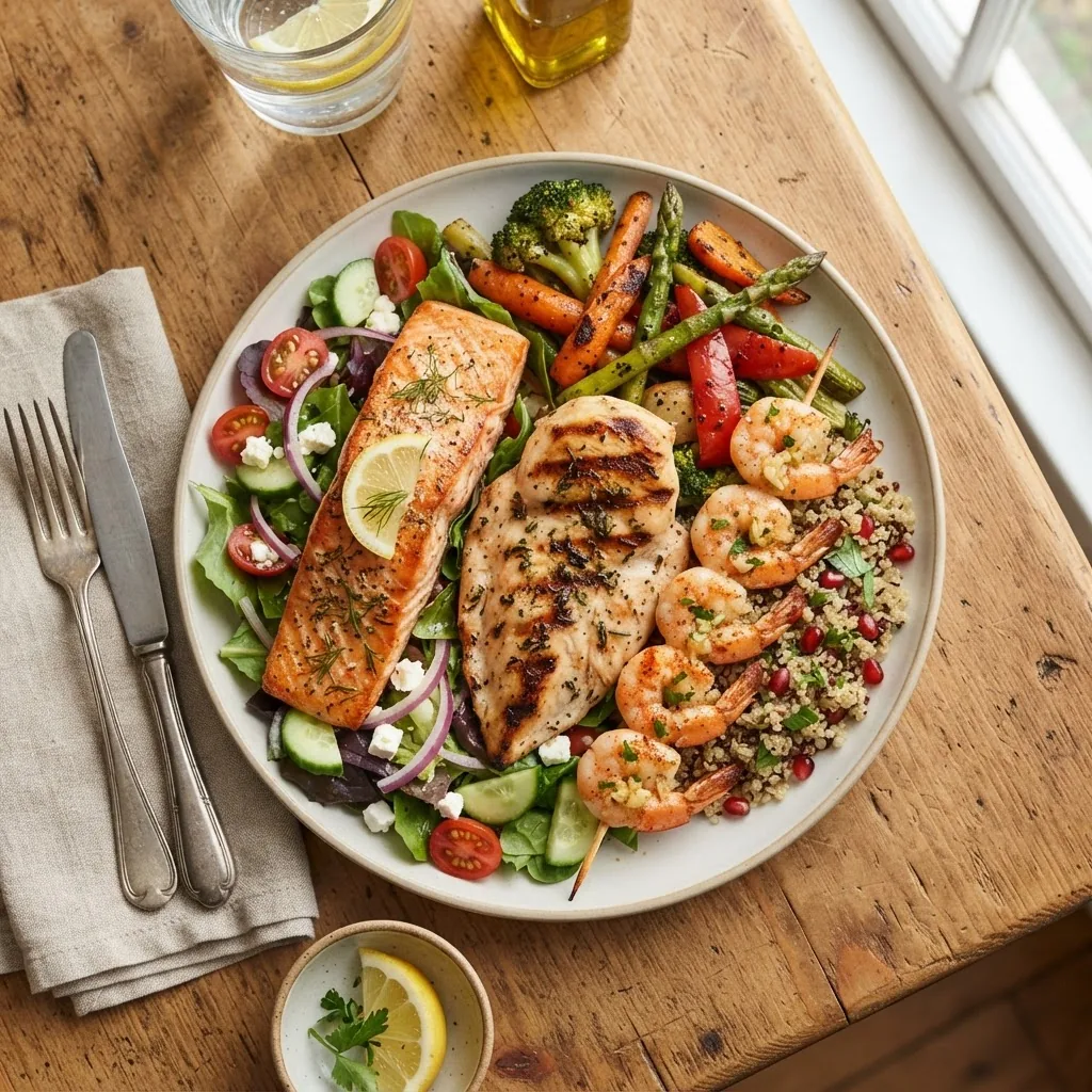Top-down view of a healthy meal plate featuring shrimp, grilled chicken breast, and a portion of salmon arranged side by side on a wooden