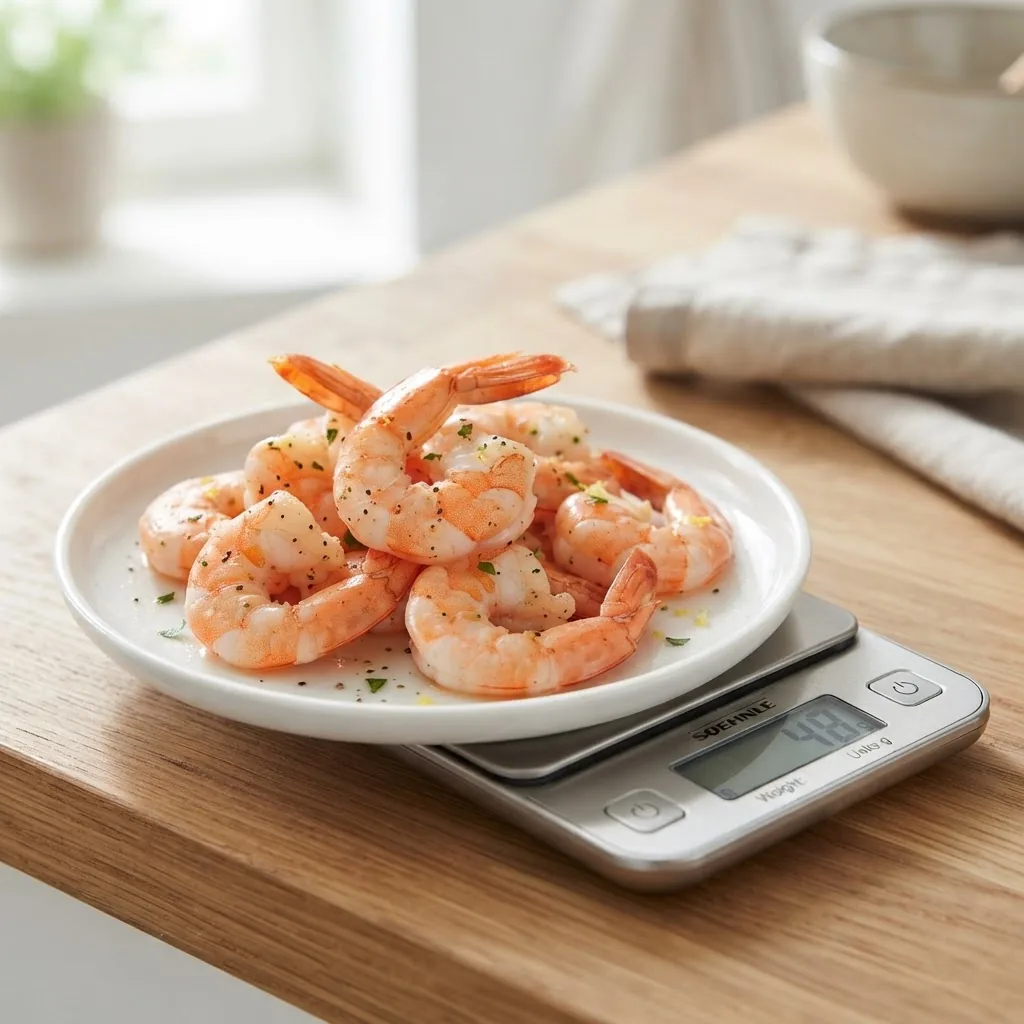 Close-up image of cooked shrimp on a white plate with a small measuring scale beside, bright natural light, clean background highlighting