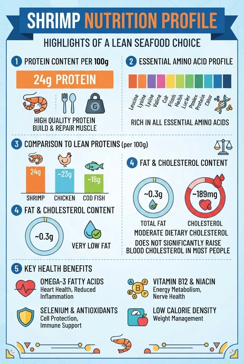 A vertical infographic illustrating shrimp’s protein content per 100g, amino acid profile, comparison to other lean proteins (chicken,