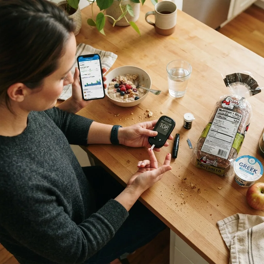 Overhead shot of a diabetic person using a glucometer and smartphone food tracking app, with a nutrition label visible on food packaging on