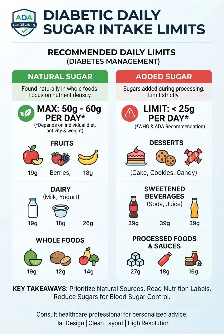 A clean infographic illustrating daily sugar intake limits for diabetics, divided into natural sugar vs added sugar columns, showing grams