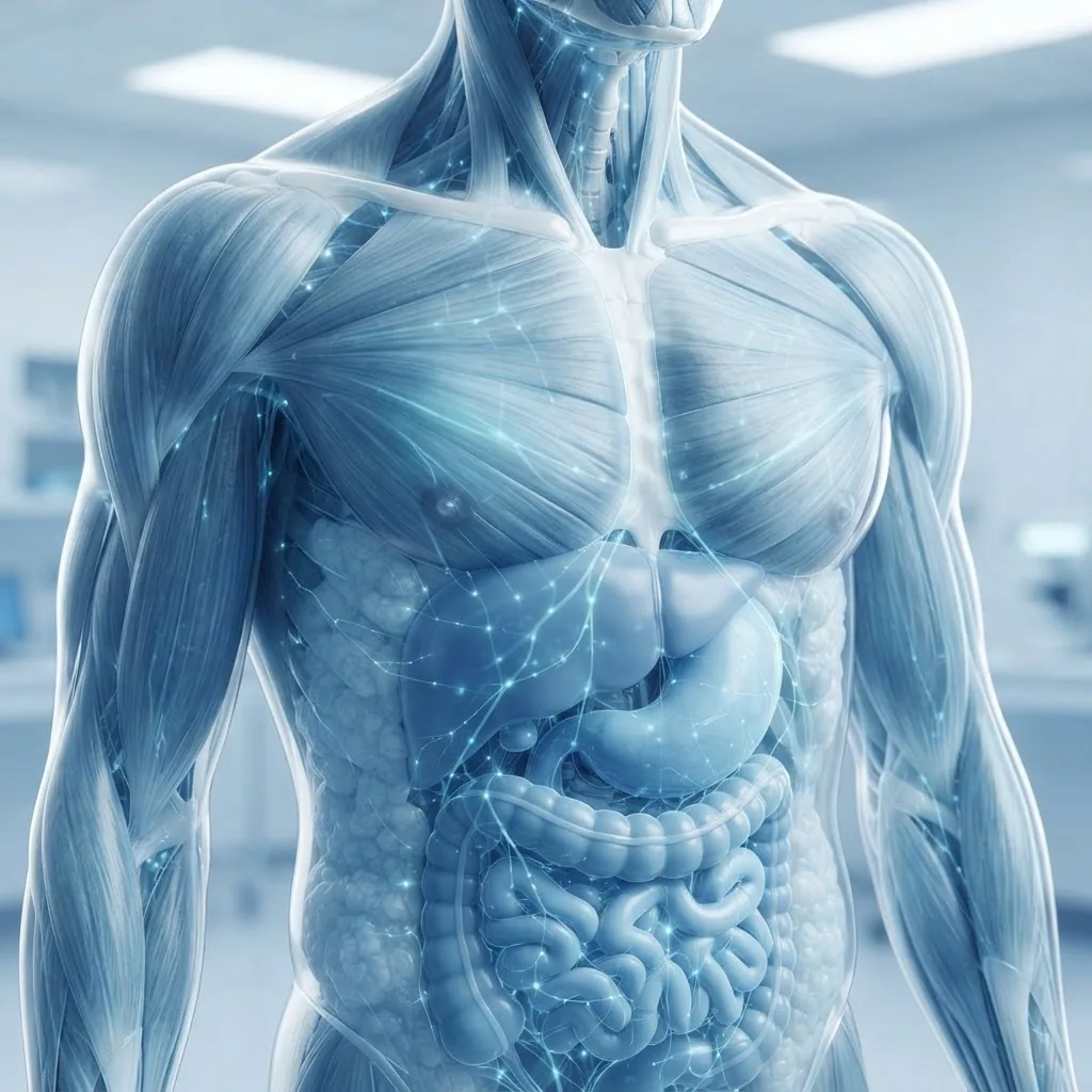 Close-up of human torso showing transparent skin effect revealing water distribution inside muscles, organs, and fat tissue, medical