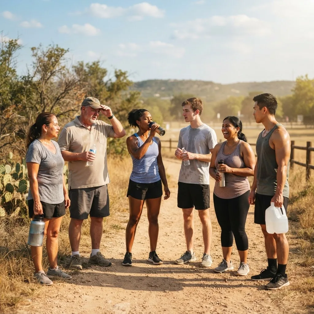 Diverse group of men and women of various ages, body types, and ethnicities standing outdoors in Texas heat, highlighting differences in