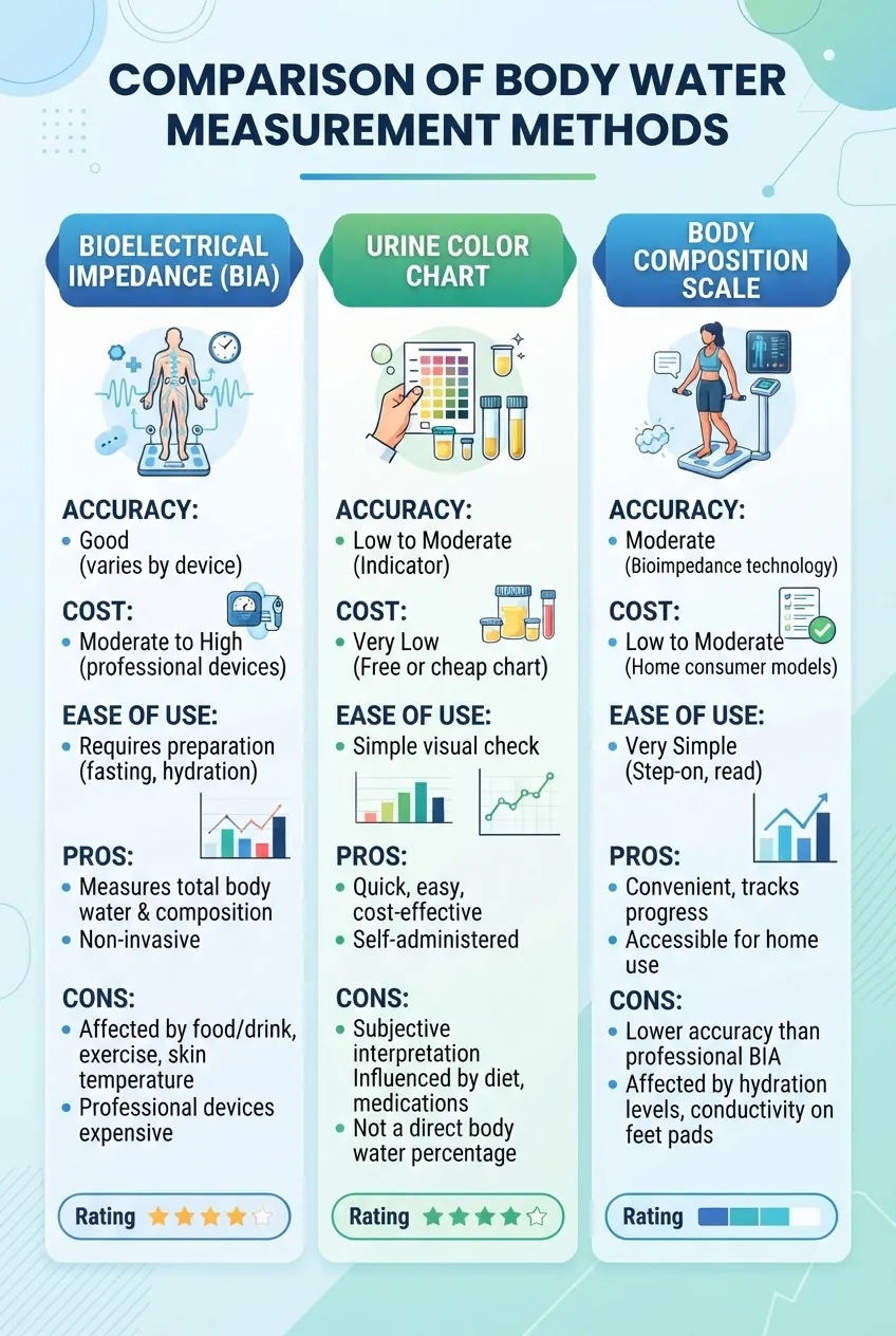 Infographic showing a comparison of body water measurement methods: bioelectrical impedance, urine color chart, body composition scale —