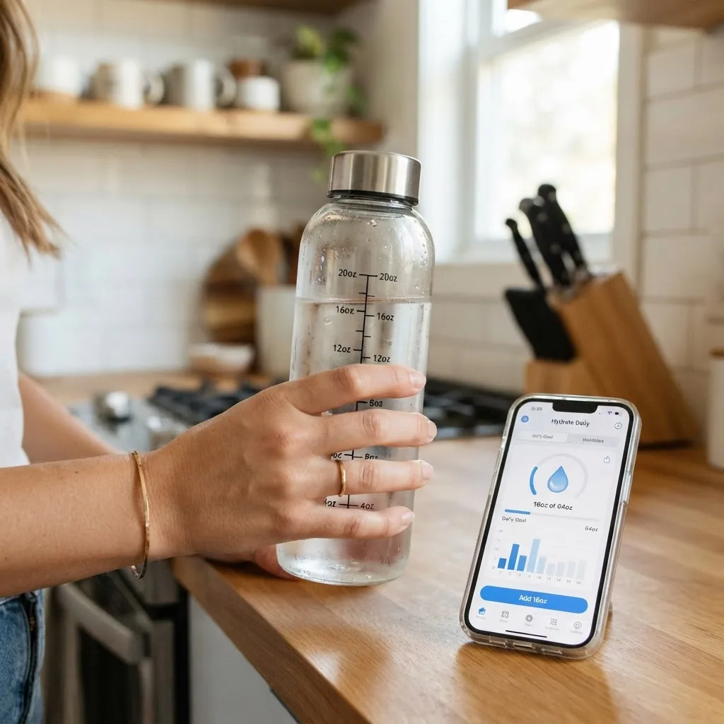 Close-up on a hand holding a clear glass bottle with measured water in ounces, a digital water intake tracking app visible on a smartphone
