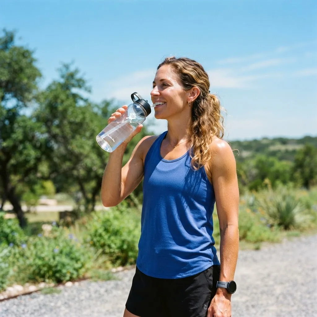 A bright, clear image of a fit adult woman drinking water outdoors in the Texas sun, mid-shot, natural sunlight, with a background of blue