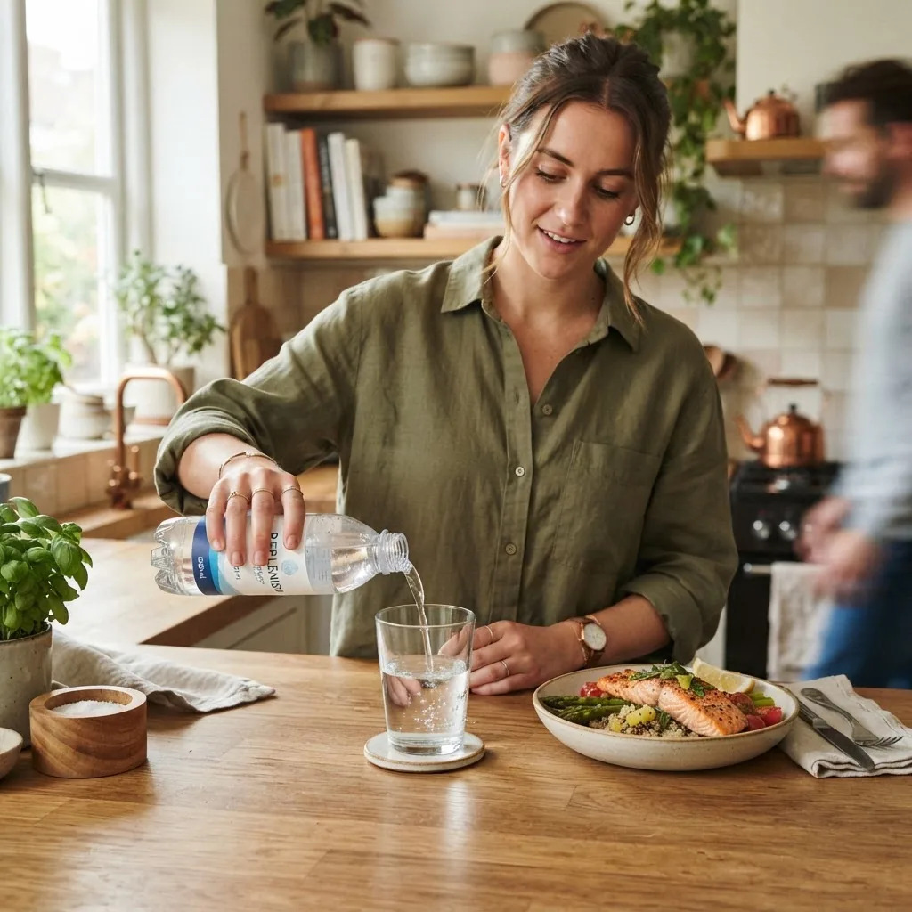 a person pouring a 500 ml water bottle into a glass on a kitchen counter 20 minutes before a plate of food, soft natural light, realistic