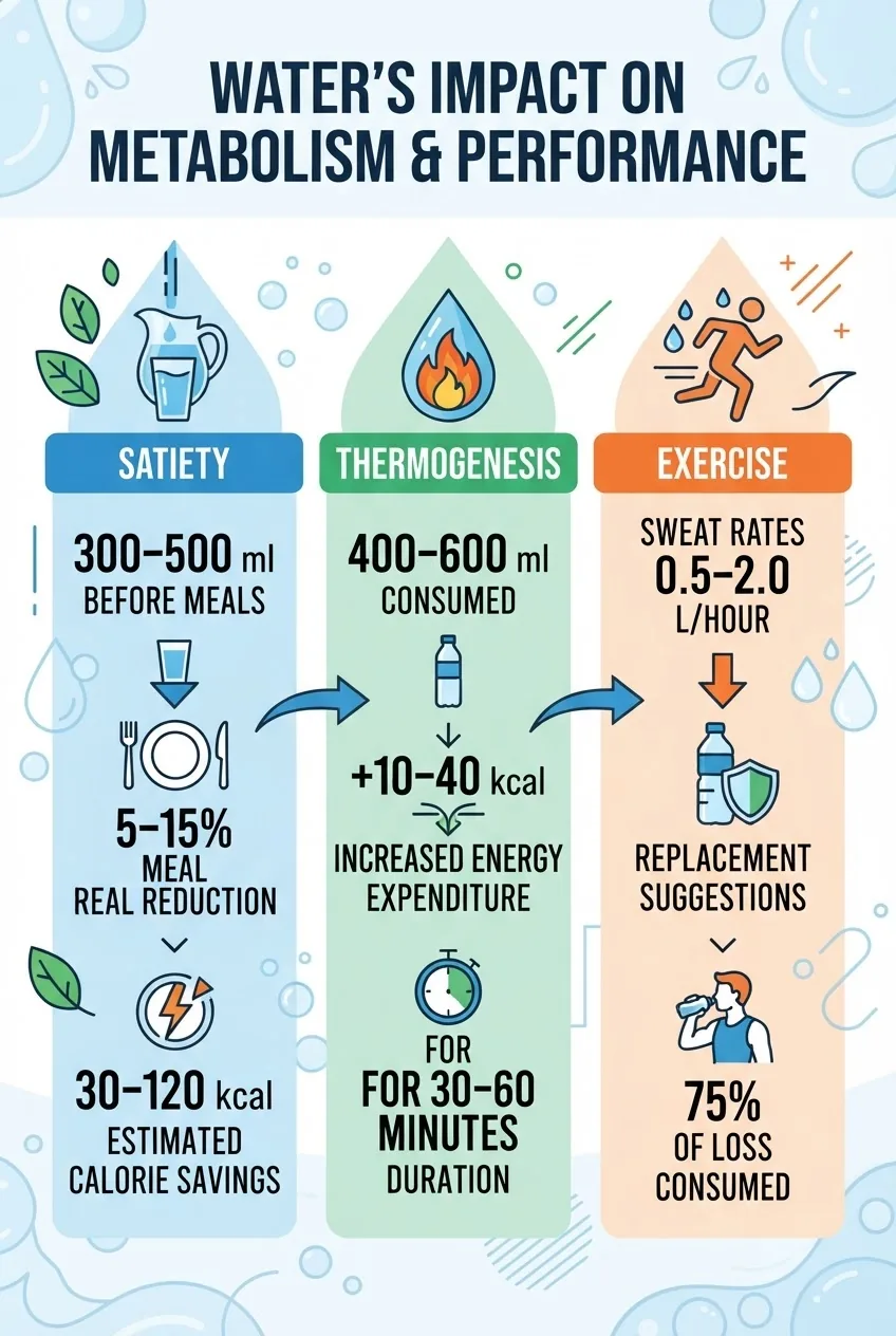 shows three columns titled "Satiety", "Thermogenesis", "Exercise" with quantified ranges: Satiety 300–500 ml before meals → 5–15% meal