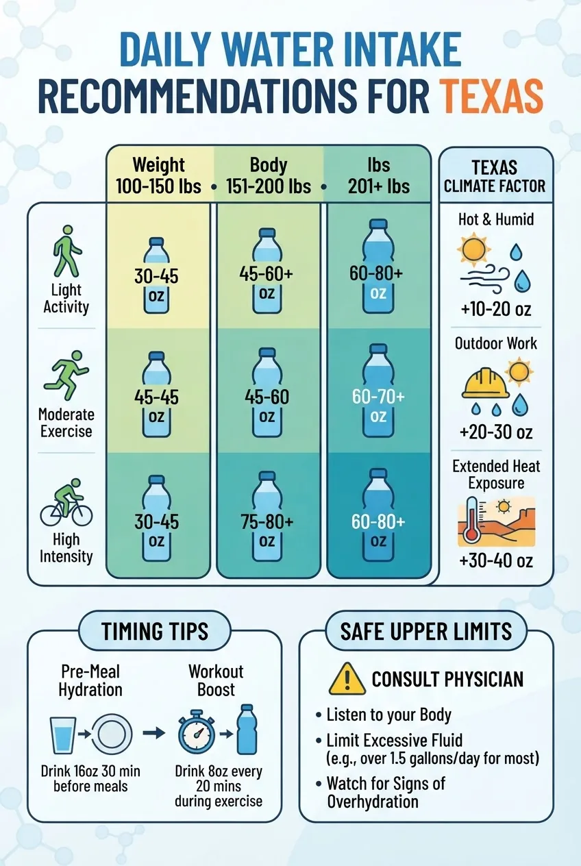 Infographic showing a tiered chart with water intake recommendations by body weight ranges (lbs), activity levels, and Texas climate factor