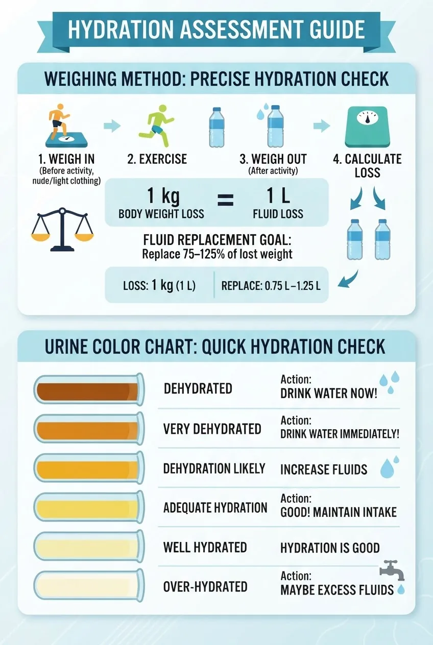 displays "Weighing Method" and "Urine Color Chart" with simple thresholds: 1 kg loss = 1 L loss, replace 75–125%; urine color scale from