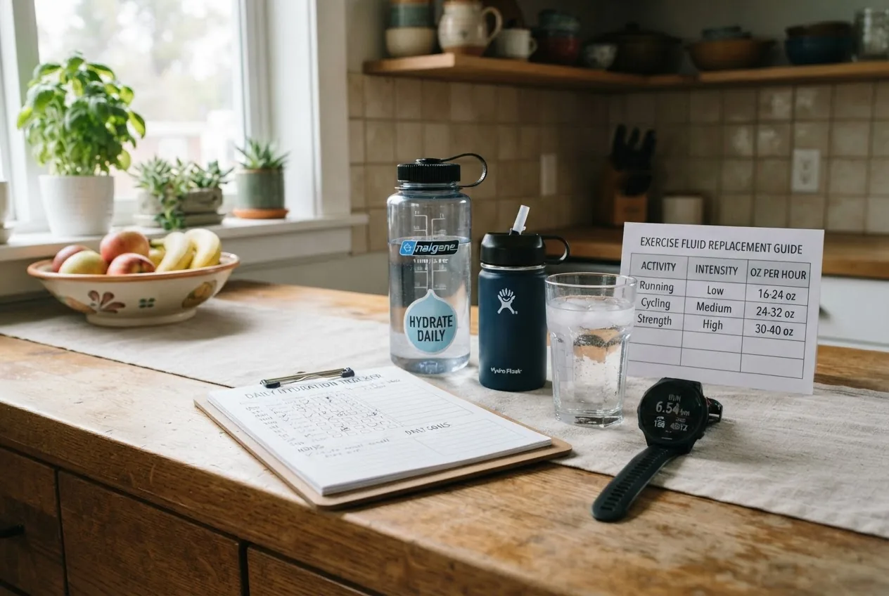 a simple daily hydration planner on a kitchen counter with a 1L bottle, a 20oz bottle, a glass of water, a running watch showing distance,