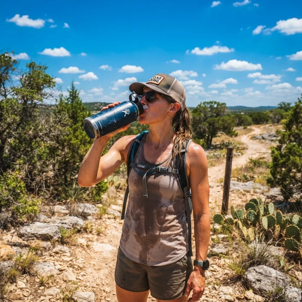 n outdoor scene showing a person drinking water from a reusable bottle under a sunny Texas landscape with blue sky, warm lighting capturing
