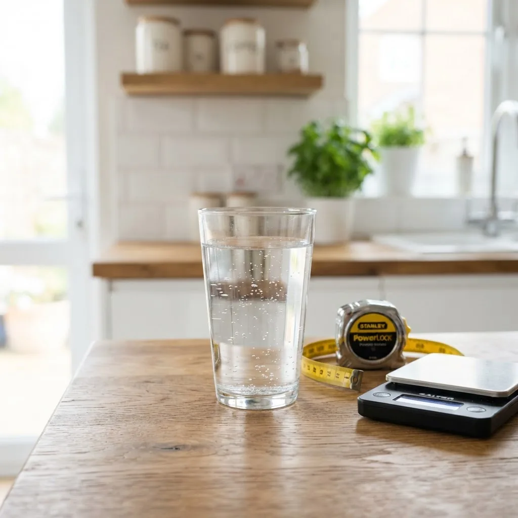 a close-up shot of a transparent water glass filled with water on a wooden table next to a measuring tape and a digital scale, bright