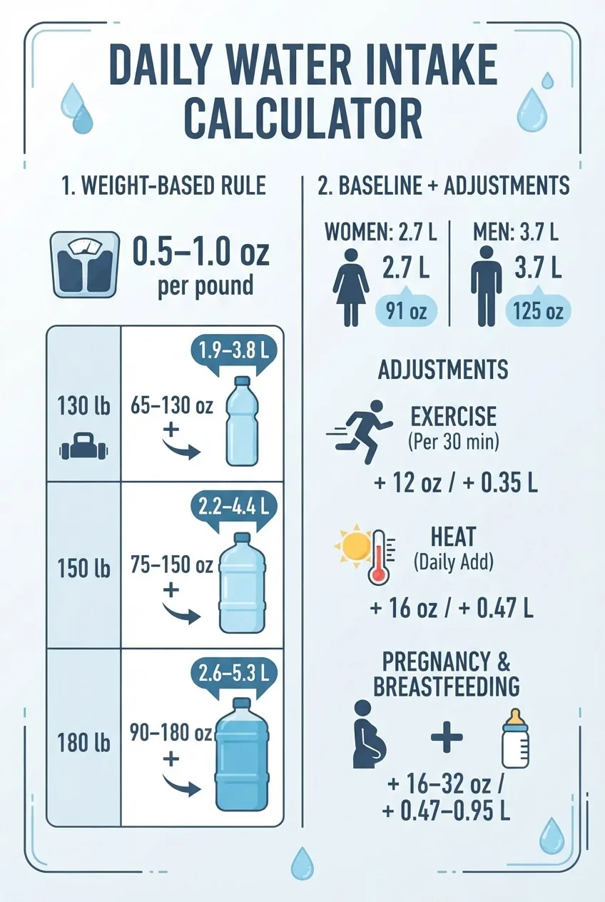 depicts two calculation methods for daily water intake: left side shows 'Weight-based rule' with a simple formula (0.5–1.0 oz per pound)