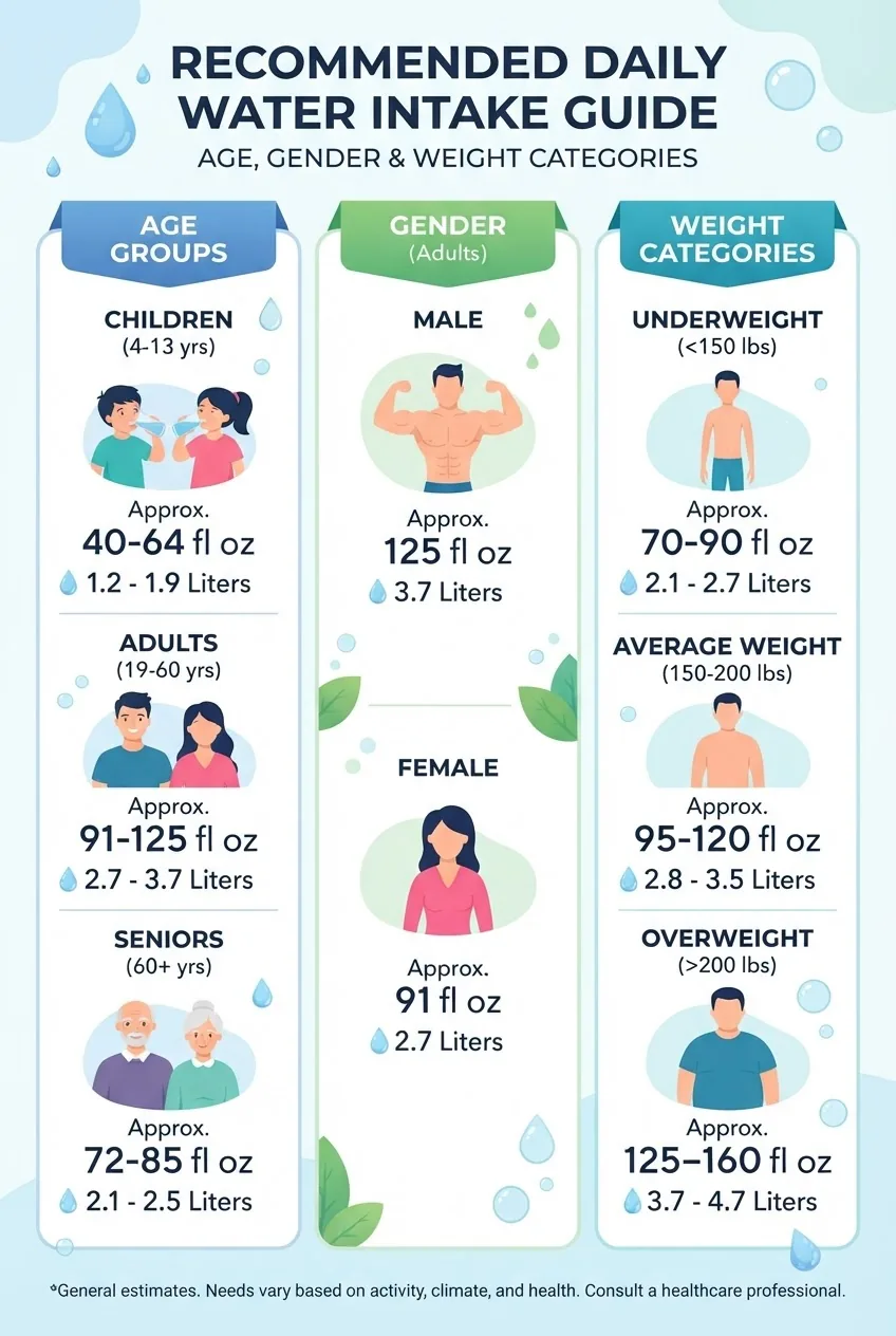 with three columns showing recommended daily water intake by age groups (children, adults, seniors), gender (male, female), and weight