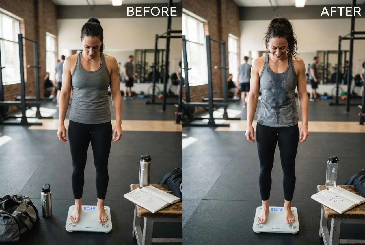 a person weighing themselves on a digital scale before and after a workout, with a water bottle and notebook for recording values; clear