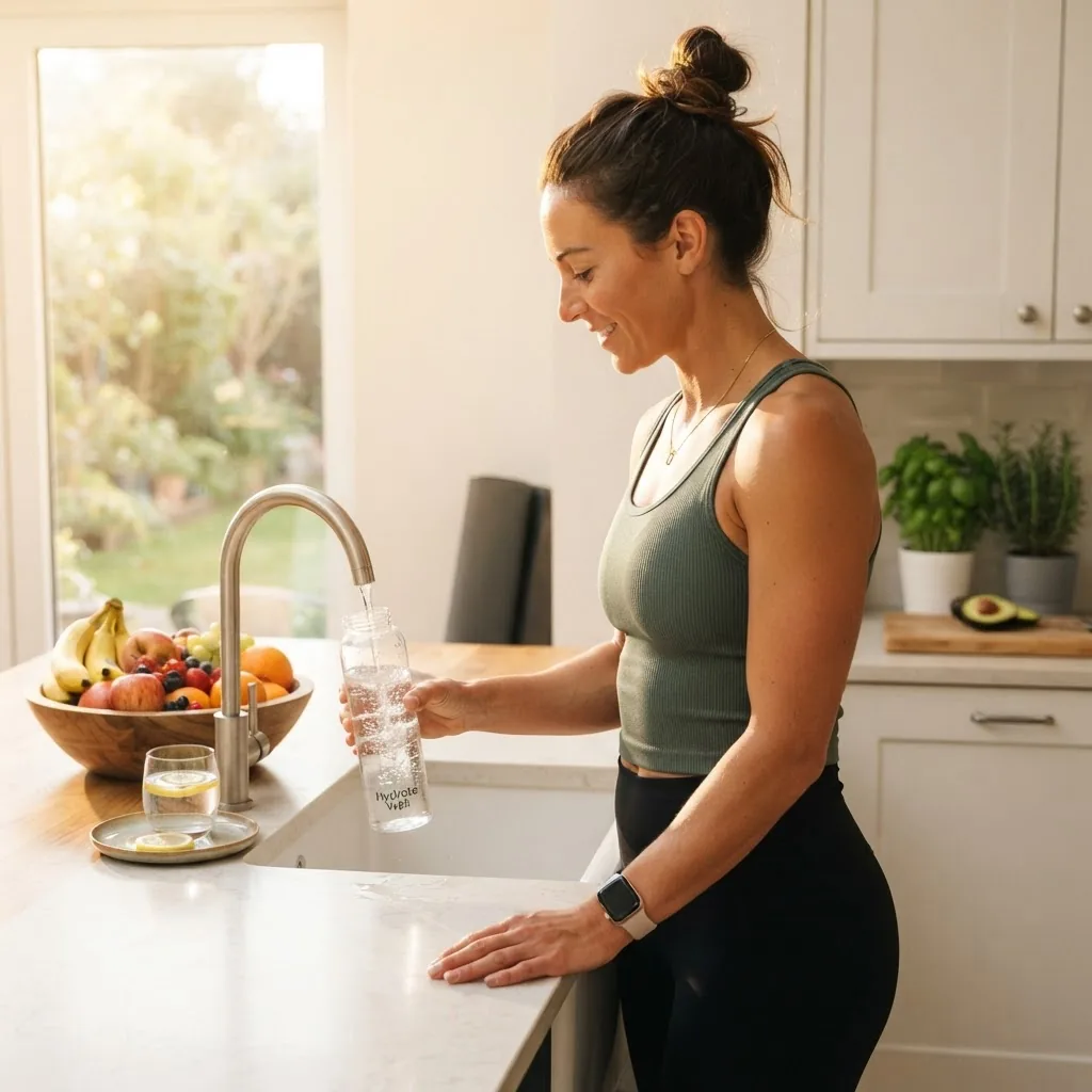 a side profile of a fit woman filling a clear water bottle in a bright kitchen, morning sunlight, with fruits on the counter, emphasizing