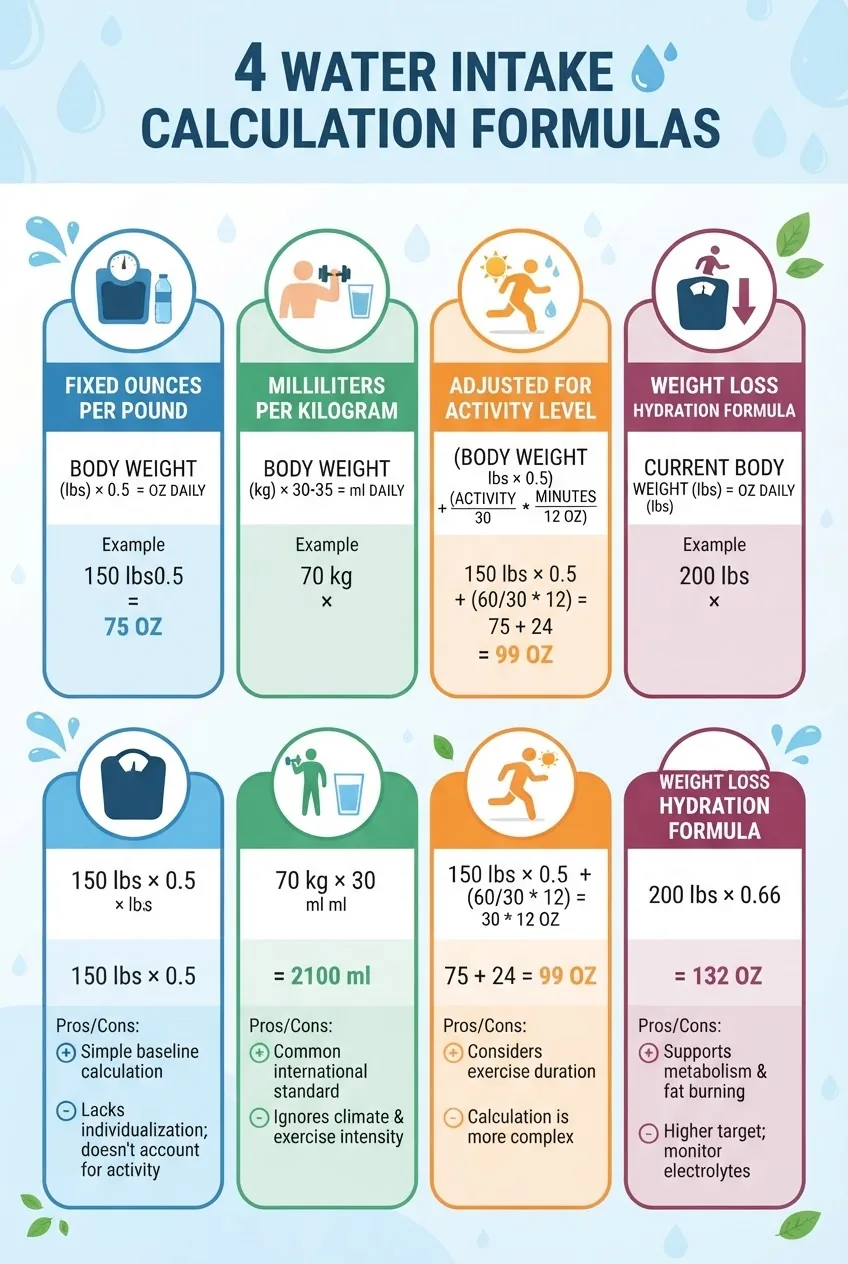 illustrates four water intake calculation formulas arranged in four horizontal blocks: 1) fixed ounces per pound, 2) milliliters per