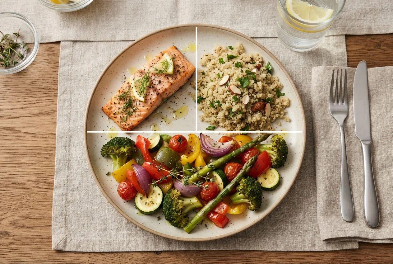 a dinner plate laid out using the plate method: half filled with colorful non-starchy vegetables, one quarter with grilled lean protein