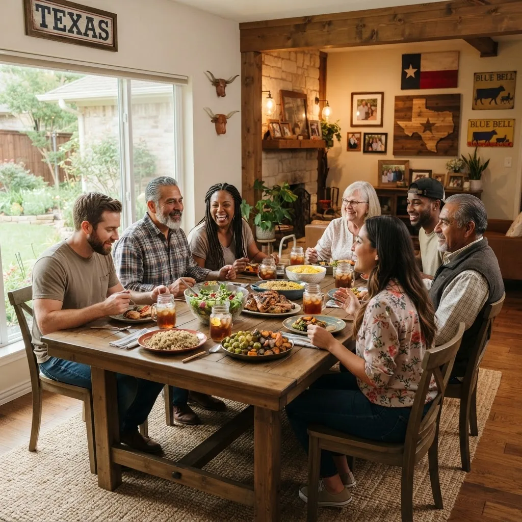 A diverse adult Texas family sitting around the dining table sharing a healthy meal, casual attire, natural lighting in a cozy dining room