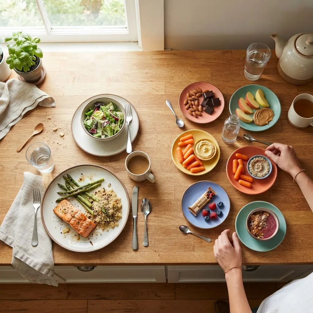 A bright kitchen scene showing a variety of plate settings illustrating different meal frequencies: a large 3-meal layout versus multiple