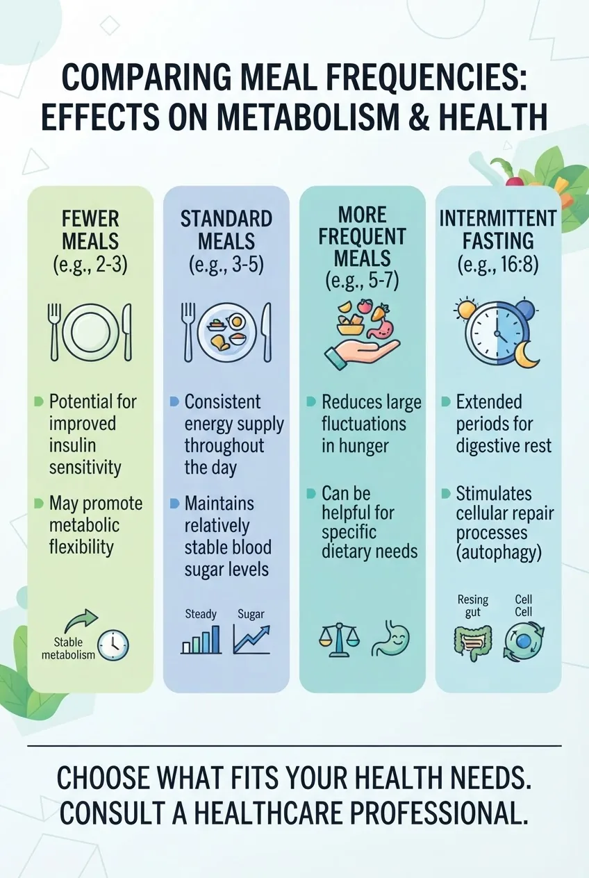 A clean infographic visually comparing effects of different meal frequencies on metabolism, blood sugar, energy levels, and digestion;