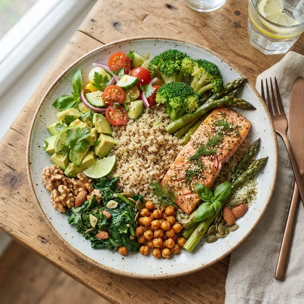 Overhead shot of a vibrant, colorful plate filled with a variety of nutrient-dense foods including nuts, avocado, lean protein, colorful