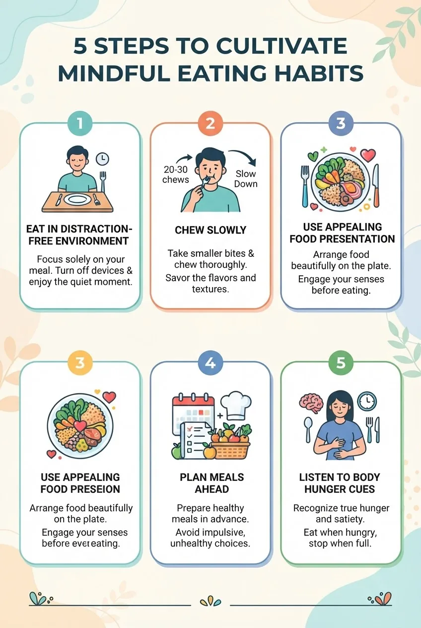 A clean infographic showing five illustrated steps of mindful eating habits: 1) Eat in distraction-free environment with icon, 2) Chew