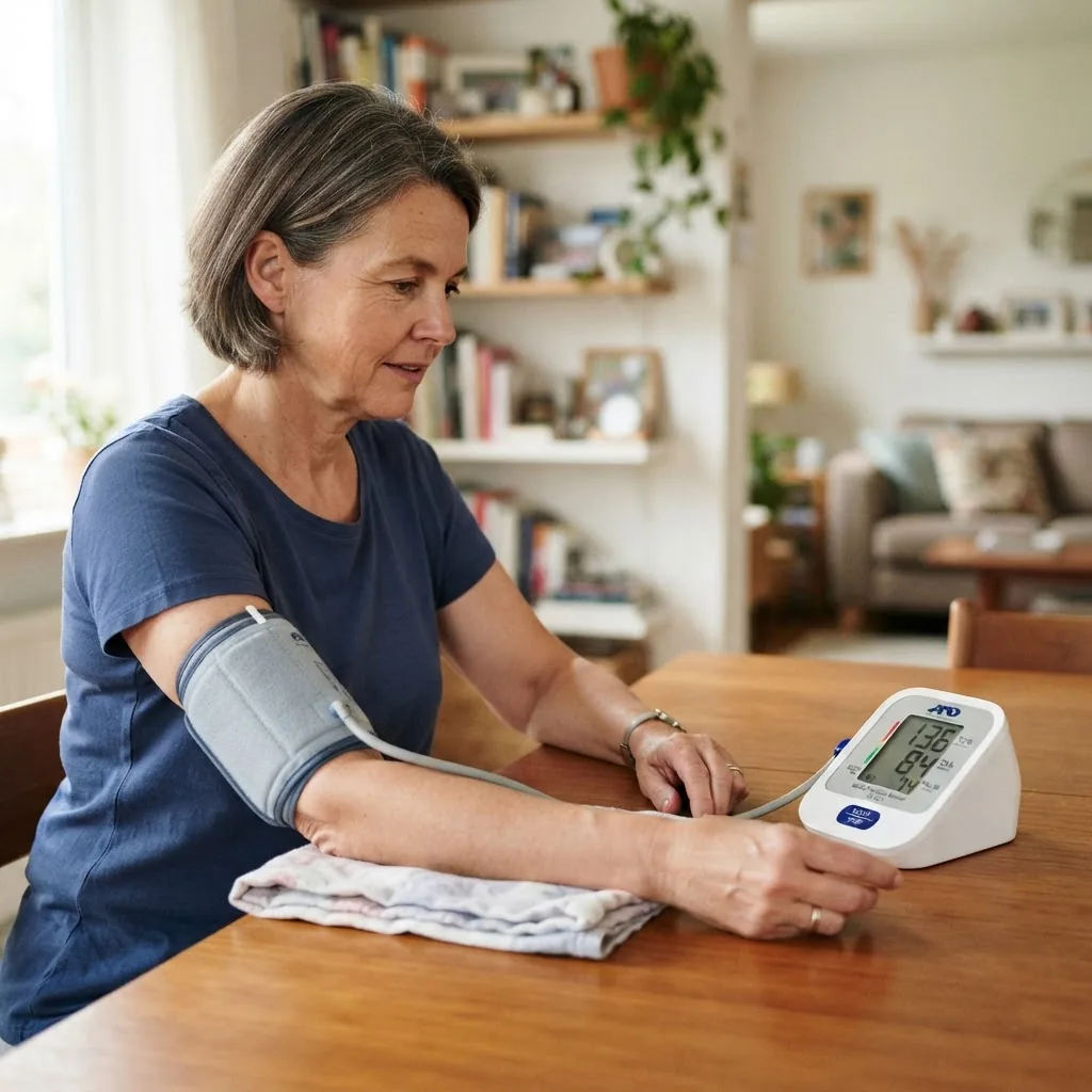 a blood pressure cuff being used on an adult’s upper arm in a home setting, natural lighting, focus on the device and person's arm,