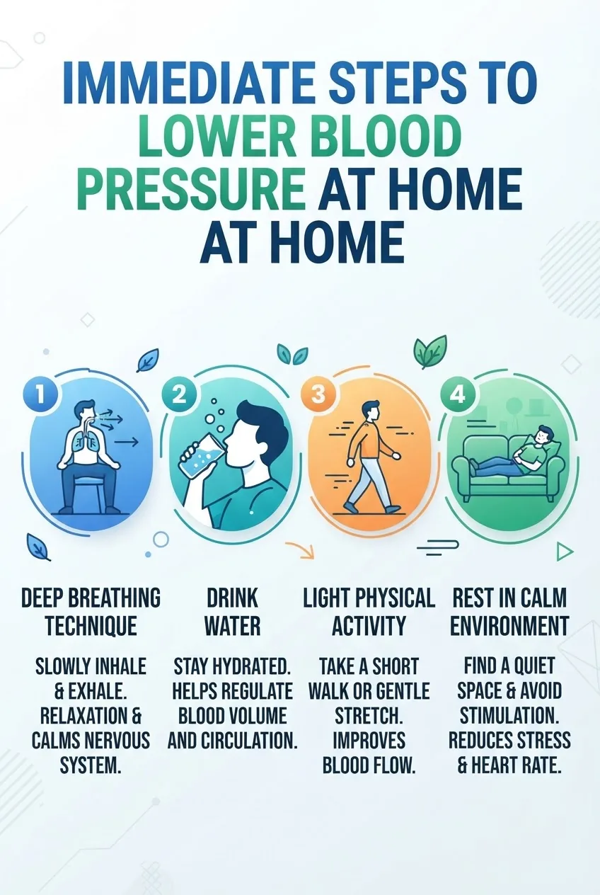shows step-by-step immediate actions to lower blood pressure at home: 1) Deep breathing technique icon, 2) Drink water, 3) Light physical
