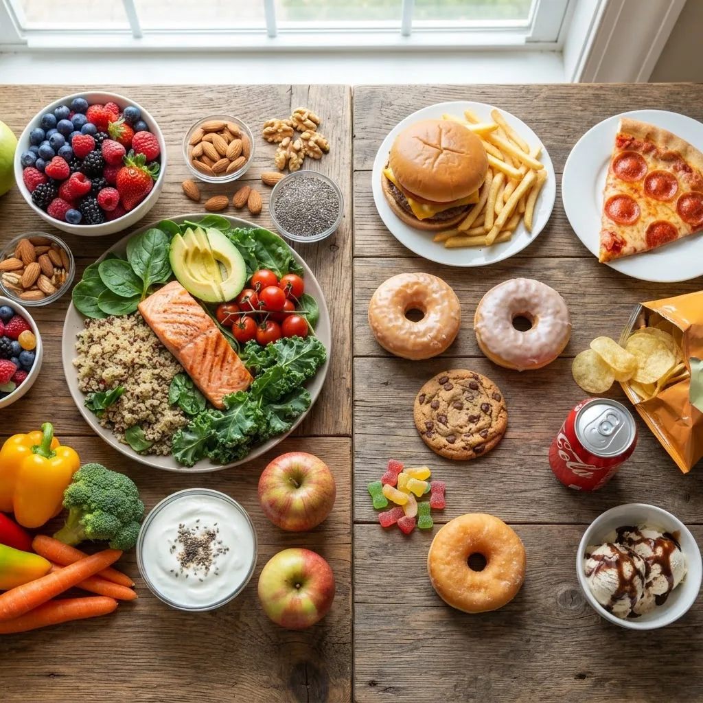 colorful assortment of nutrient-dense foods including lean proteins, leafy greens, berries, nuts on one side, contrasted with high sugar
