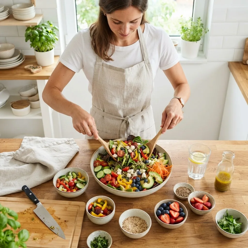clean, bright kitchen setting with a person preparing a healthy low-calorie salad bowl with fresh vegetables, fruits, and a glass of water