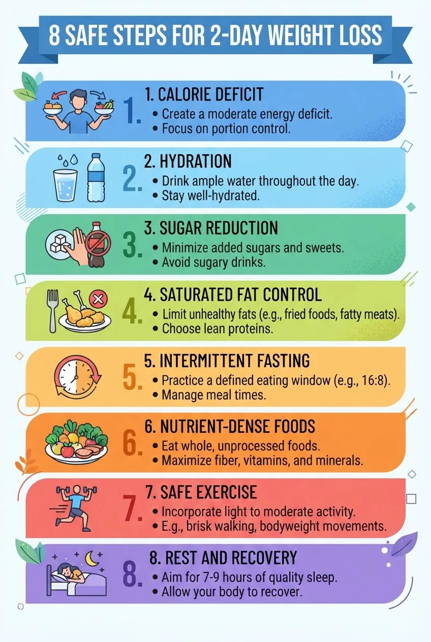 A vertical infographic illustrating 8 sequential steps for safe 2-day weight loss: 1. Calorie Deficit, 2. Hydration, 3. Sugar Reduction, 4.