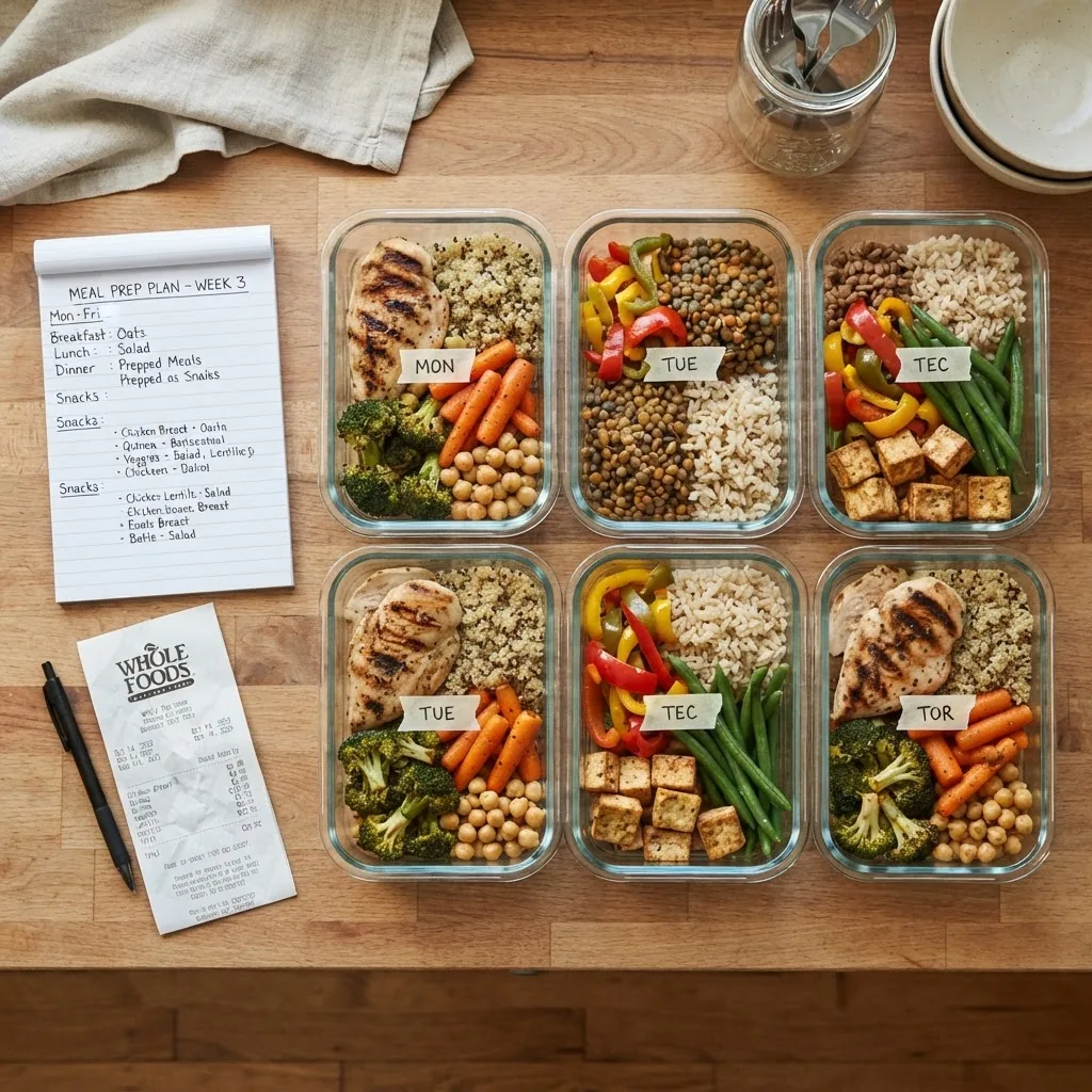 a top-down view of a kitchen counter with neatly arranged meal prep containers filled with balanced meals including grains, vegetables, and