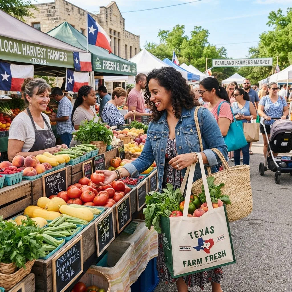 Shoppers browsing colorful produce stands at an outdoor farmers market in Texas in bright daylight, selecting fresh seasonal fruits and