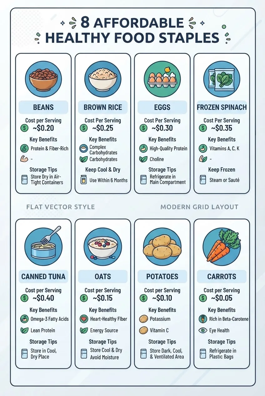 with a grid layout presenting 8 affordable healthy food staples (e.g., beans, brown rice, eggs, frozen spinach, canned tuna, oats,