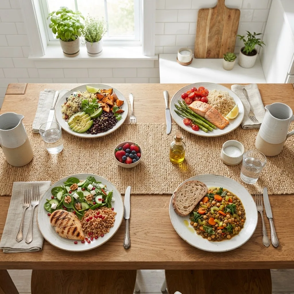 a neatly arranged wooden table featuring examples of balanced meals with veggies, whole grains, lean proteins, and healthy fats, styled in