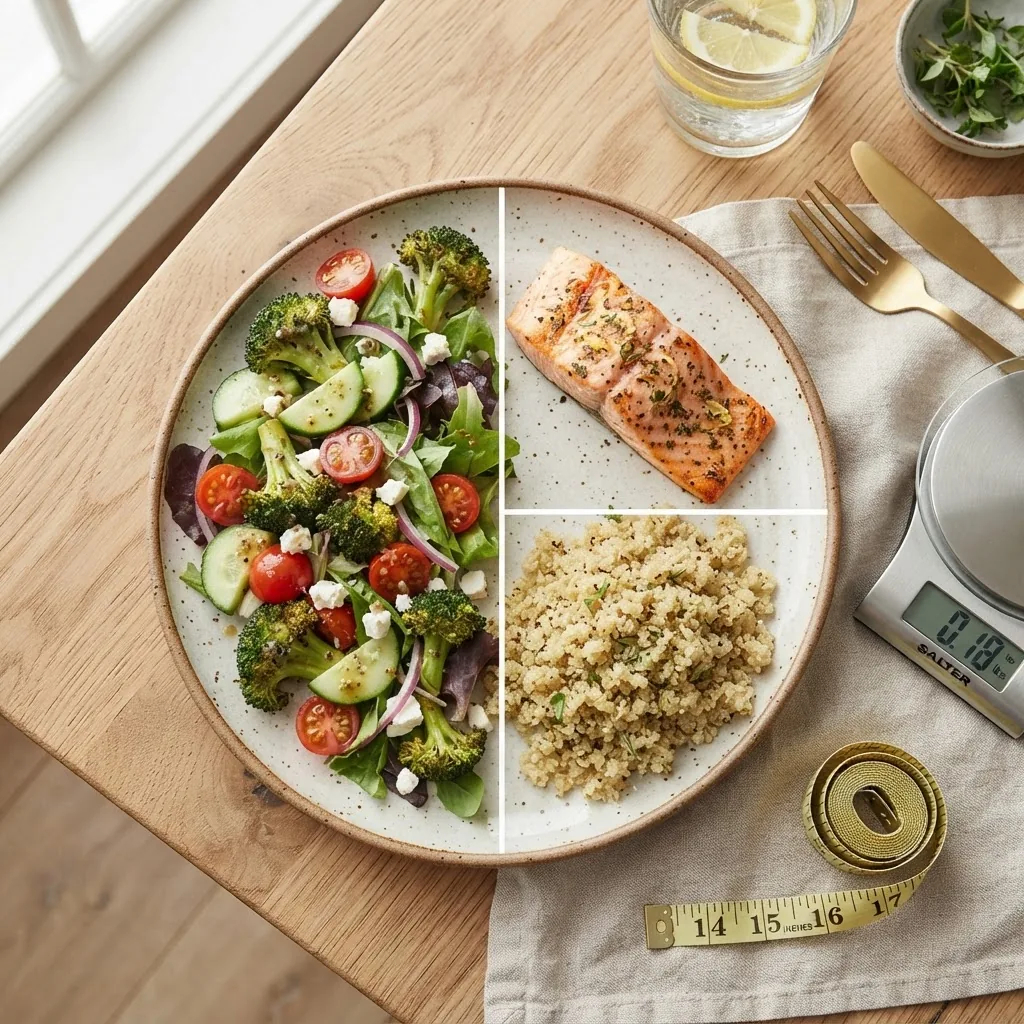 a dinner plate divided with 1/2 colorful non-starchy vegetables (broccoli, salad), 1/4 grilled salmon (4 oz), and 1/4 cooked quinoa (3/4