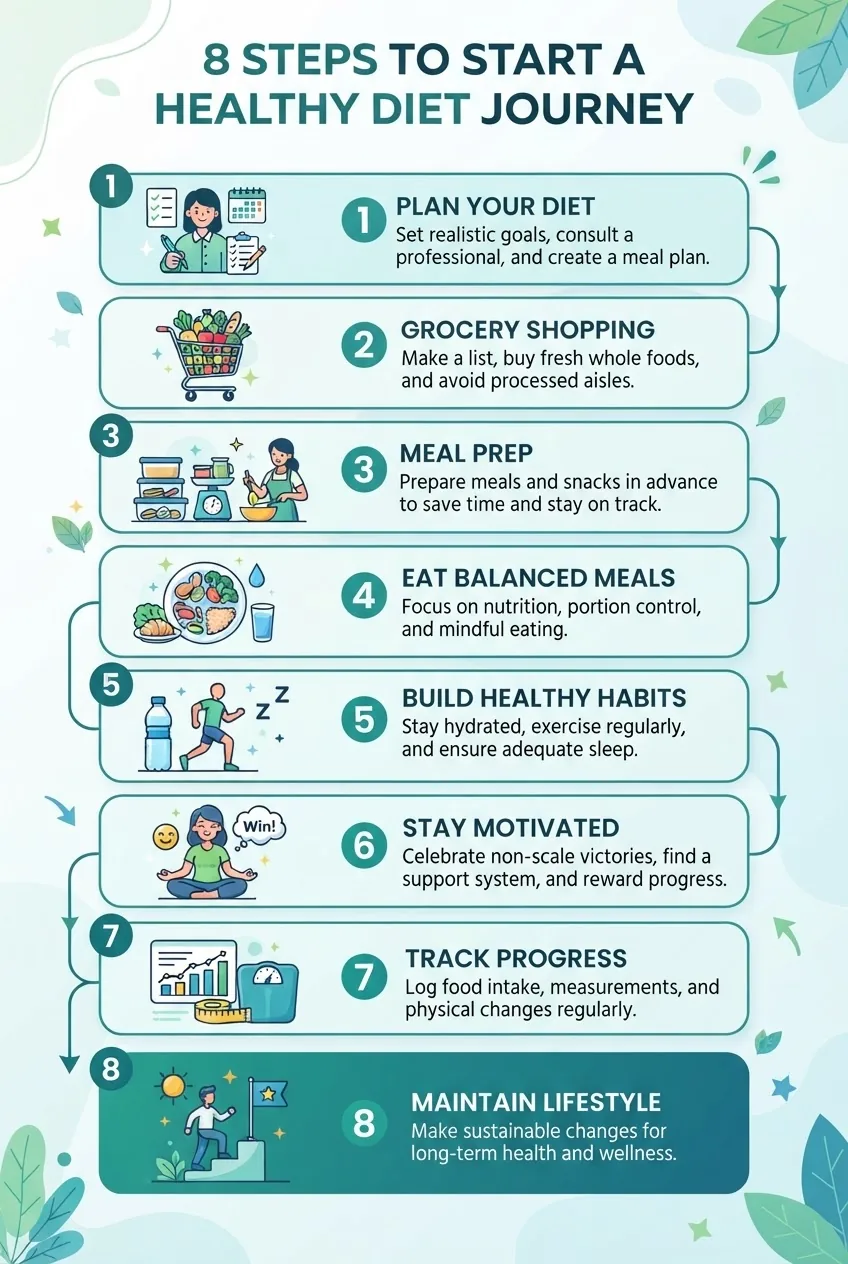 A vertical infographic displaying eight sequential steps to start a diet, each with an icon and brief description, arranged chronologically