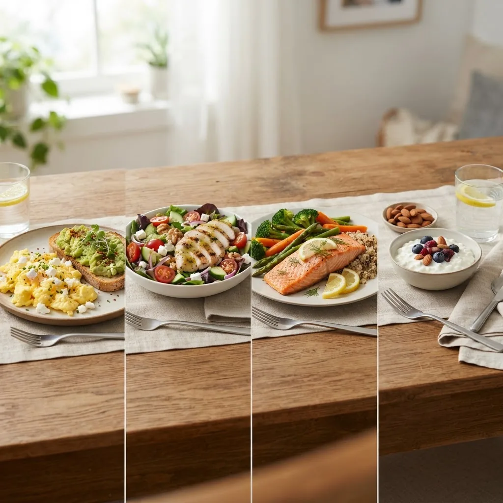 A colorful plate layout showing balanced meals with protein focus: scrambled eggs with avocado toast for breakfast, grilled chicken salad