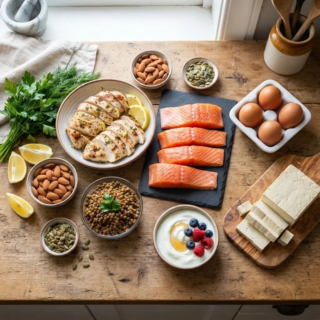 A vibrant, well-lit kitchen countertop displaying a variety of common lean protein foods including grilled chicken breast, salmon fillets,