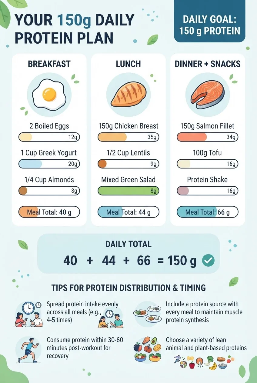 shows three columns Breakfast, Lunch, and Dinner+Snacks; include icons of eggs, chicken, salmon, Greek yogurt, lentils, tofu, almonds; show