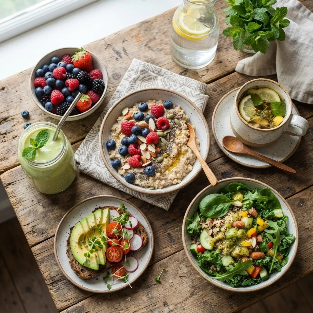 Close-up image of a colorful spread of detox foods including berries, leafy greens, oatmeal, nuts, and herbal tea on a rustic wooden table,