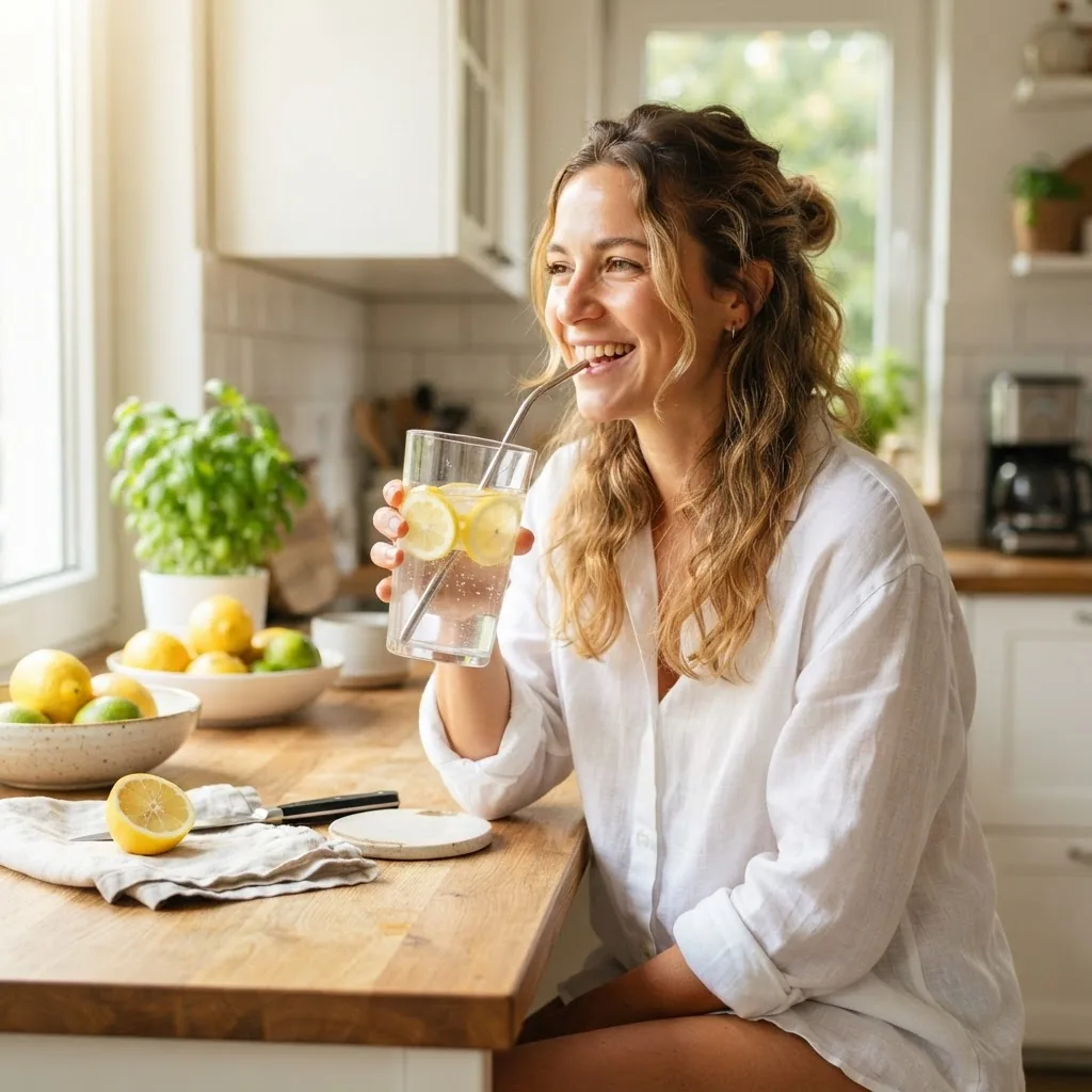 A bright, dynamic photo of a healthy adult drinking a large glass of water with fresh lemon slices, seated in a sunny kitchen, natural