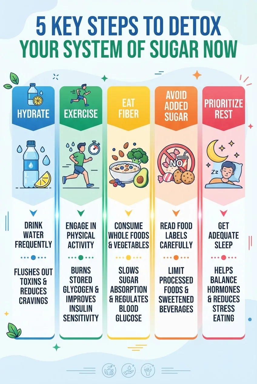 A clean, visually appealing infographic outlining 5 key steps to get sugar out of your system immediately: hydration, exercise, eating