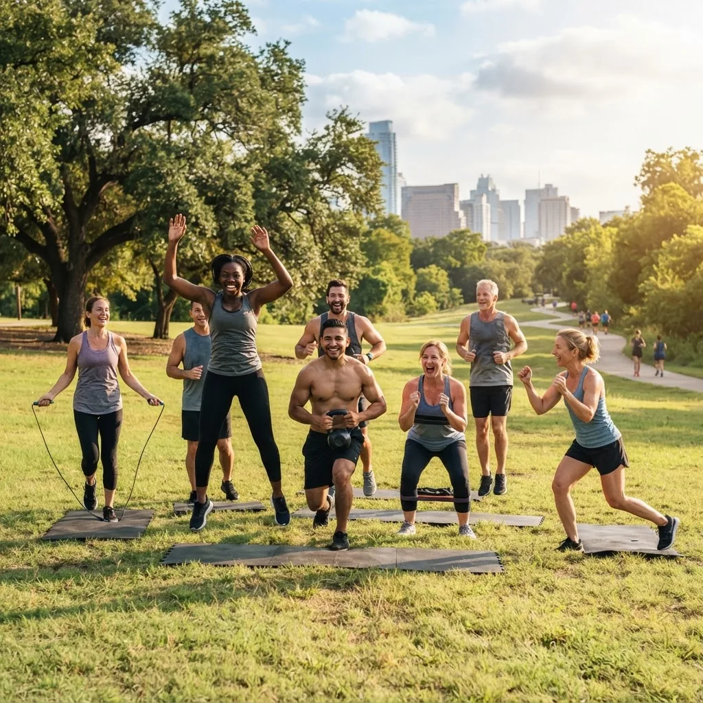 A mid-action shot of a diverse group of adults performing a mix of aerobic and strength exercises outdoors in a sunny Texas park, showing
