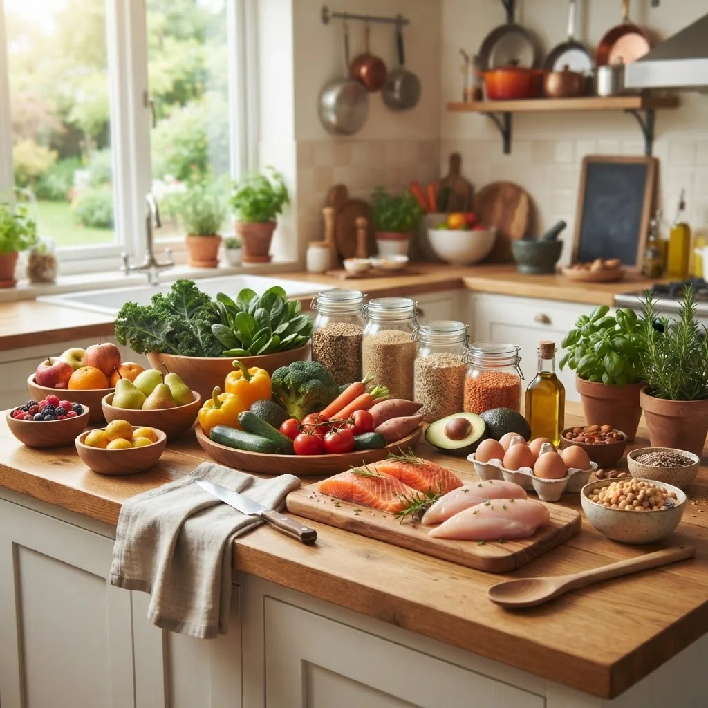 A bright and inviting kitchen scene with a diverse selection of fresh vegetables, fruits, whole grains, and healthy protein sources