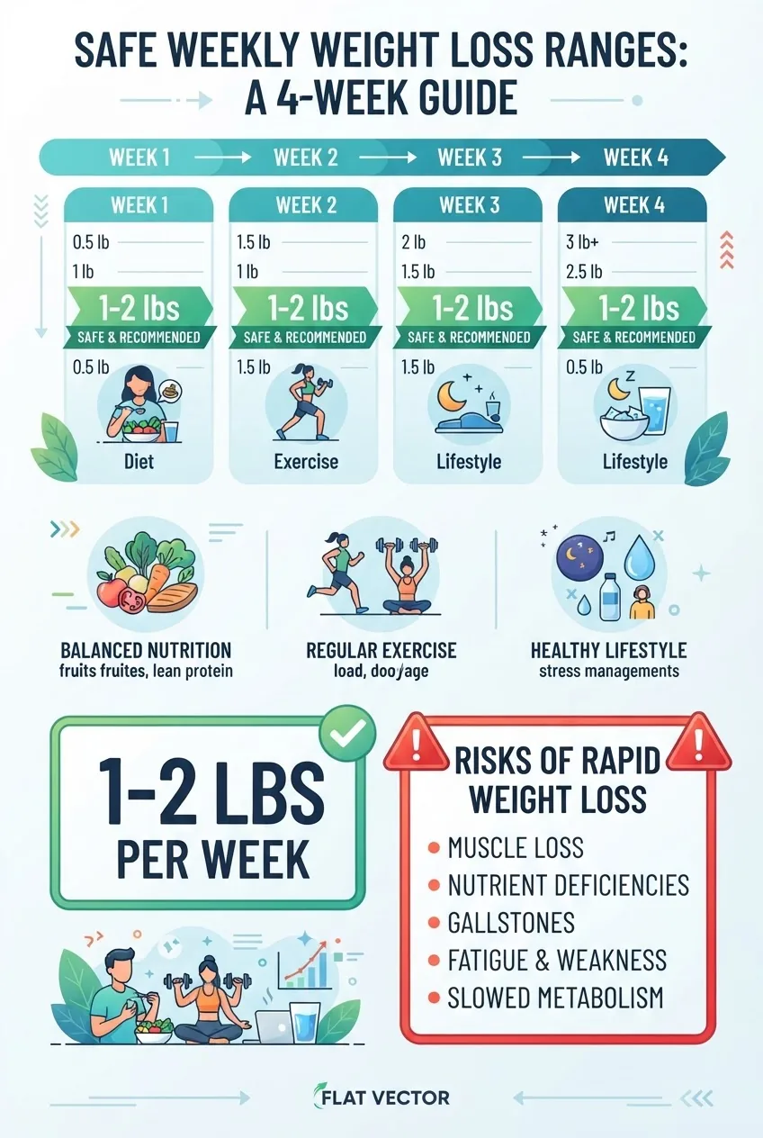 illustrates safe weekly weight loss ranges with a horizontal timeline showing 1 to 4 weeks, columns indicating pounds lost per week (1-2